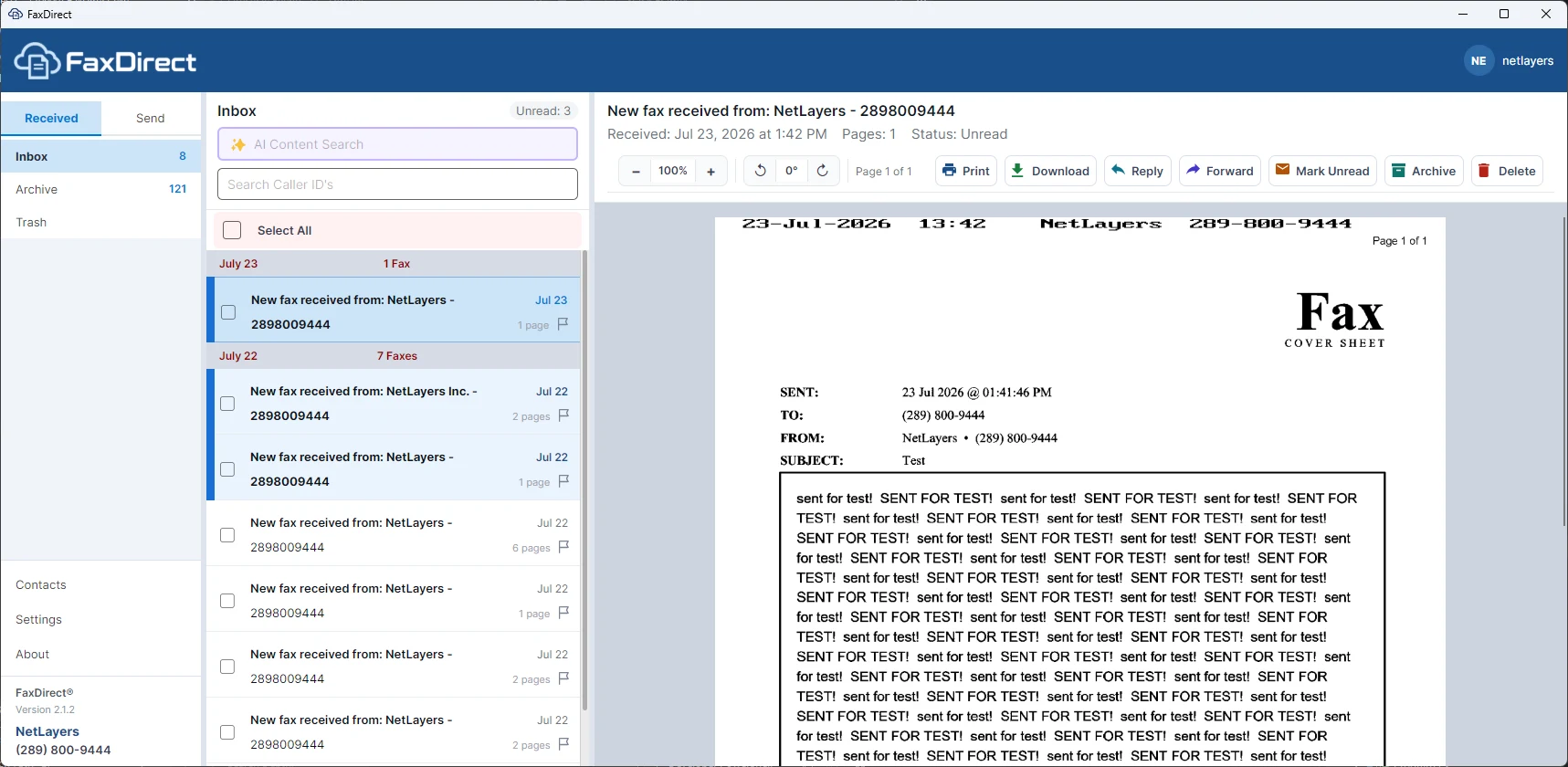 The FaxDirect app for Windows: the fax inbox with a received fax open beside it