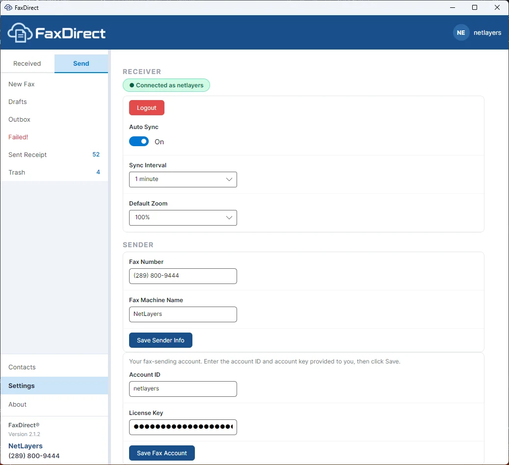 FaxDirect settings on Windows, with the fax account connected