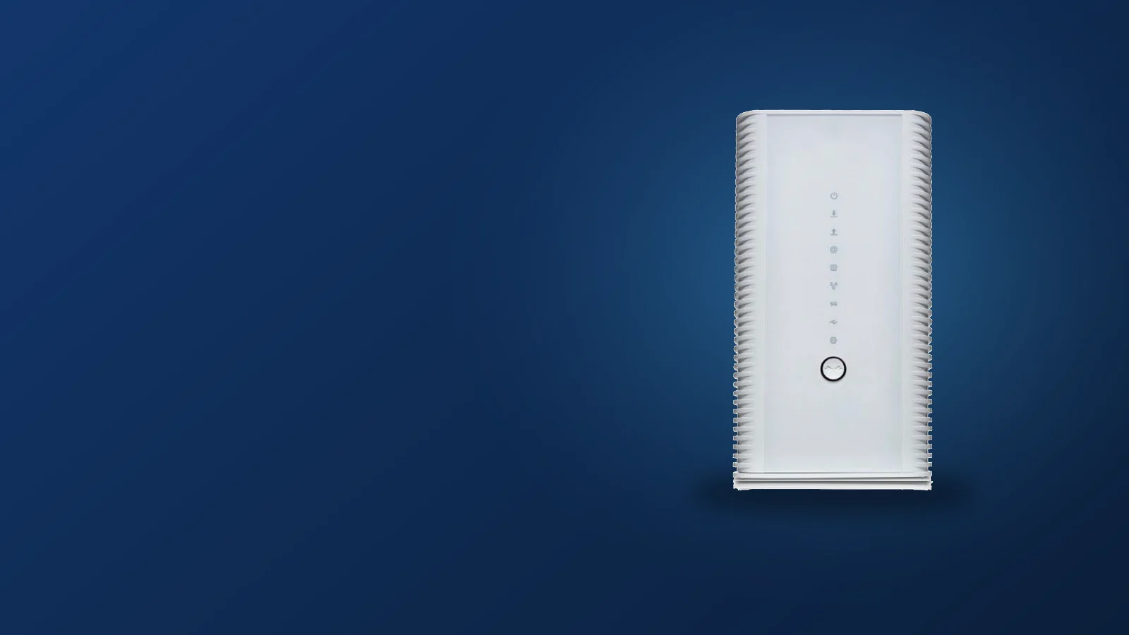 A white modem standing upright, its status lights down the front
