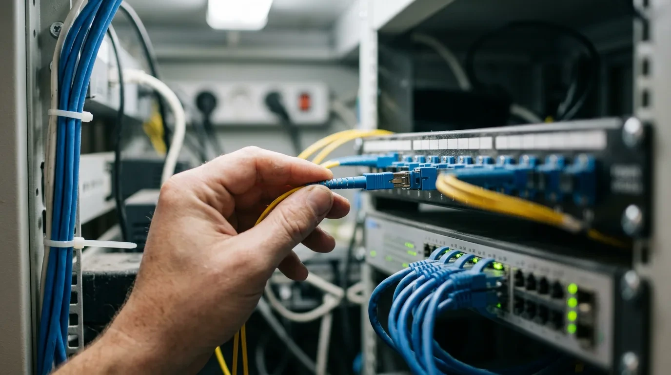 Technician plugging a fibre patch cable into a patch panel next to a network switch