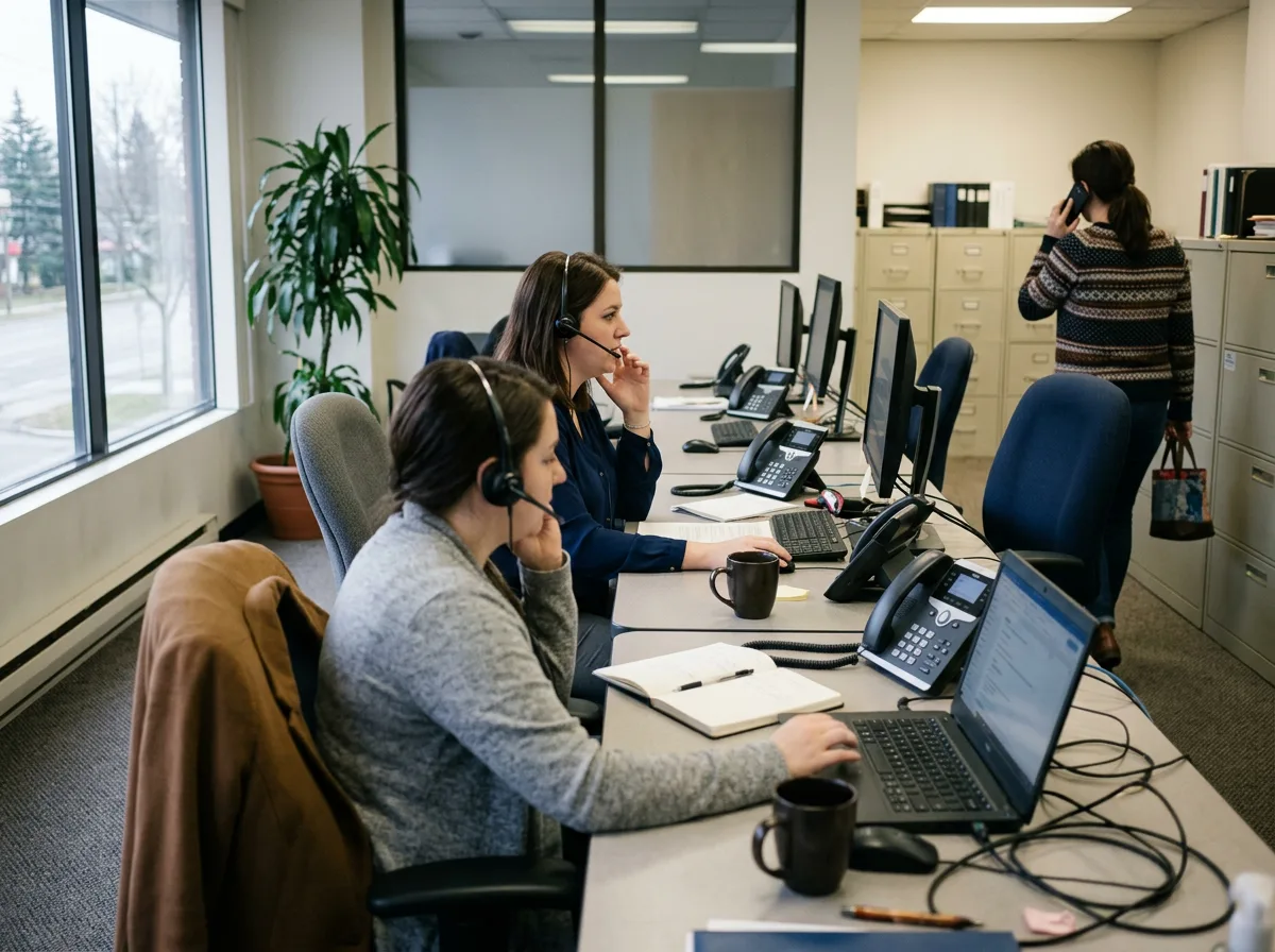 Support team taking calls on headsets at their desks