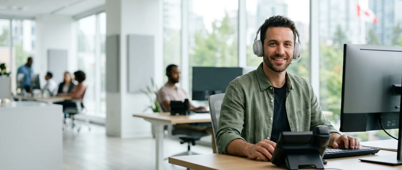 A NetLayers support specialist wearing a headset, smiling at his desk