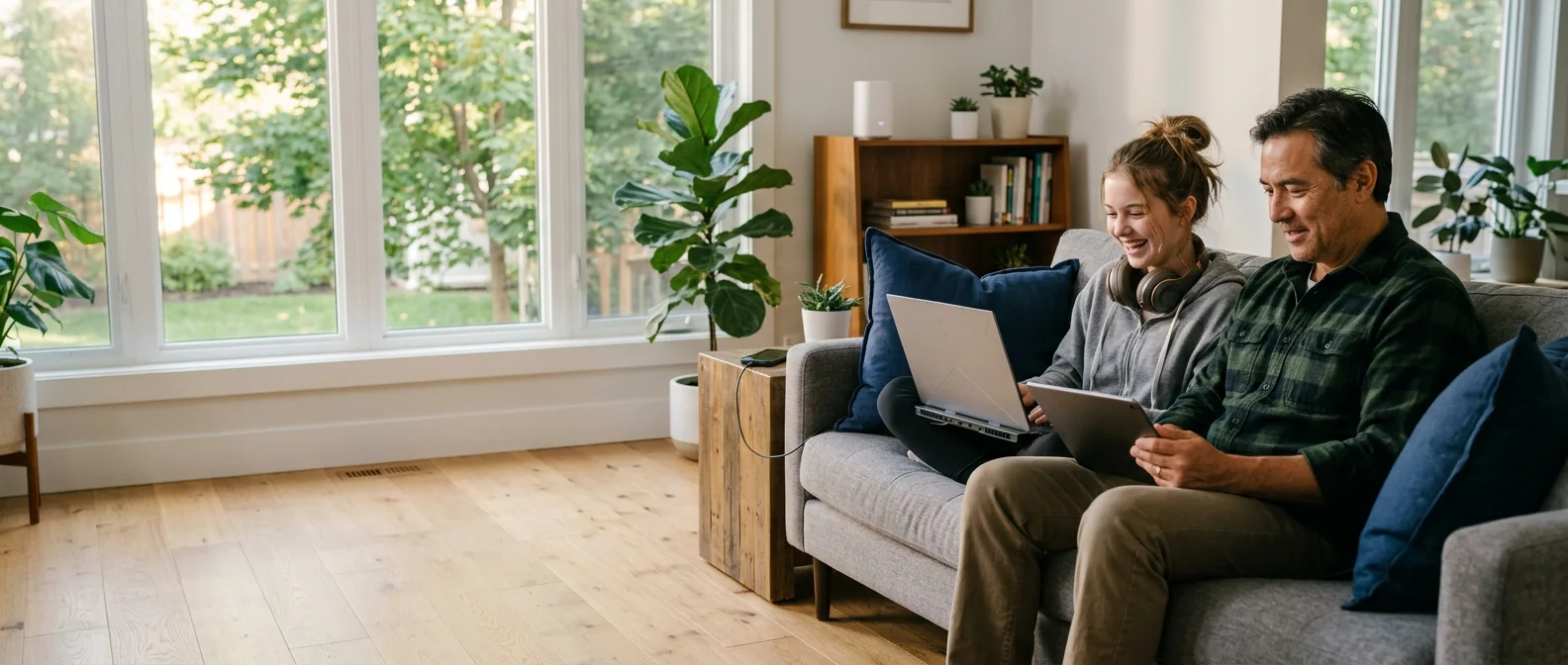 A father and his teenage daughter on the sofa, she gaming on a laptop and he streaming on a tablet