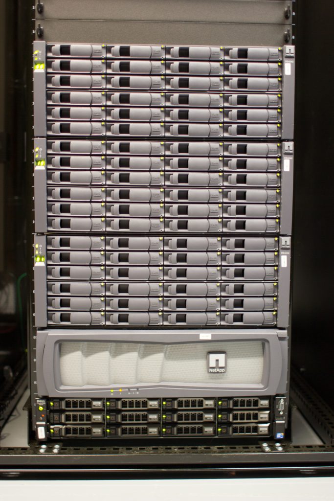 Front of a full 42U rack of servers and storage