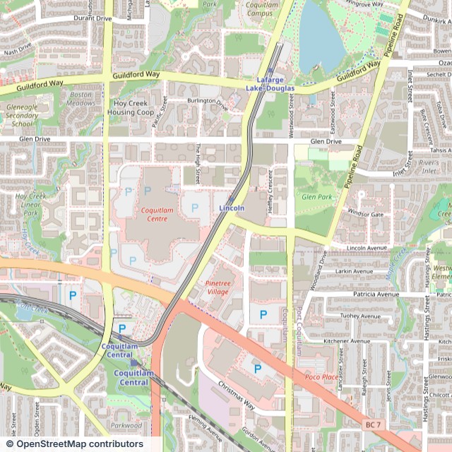 A street map of Coquitlam, British Columbia, around Glen Drive