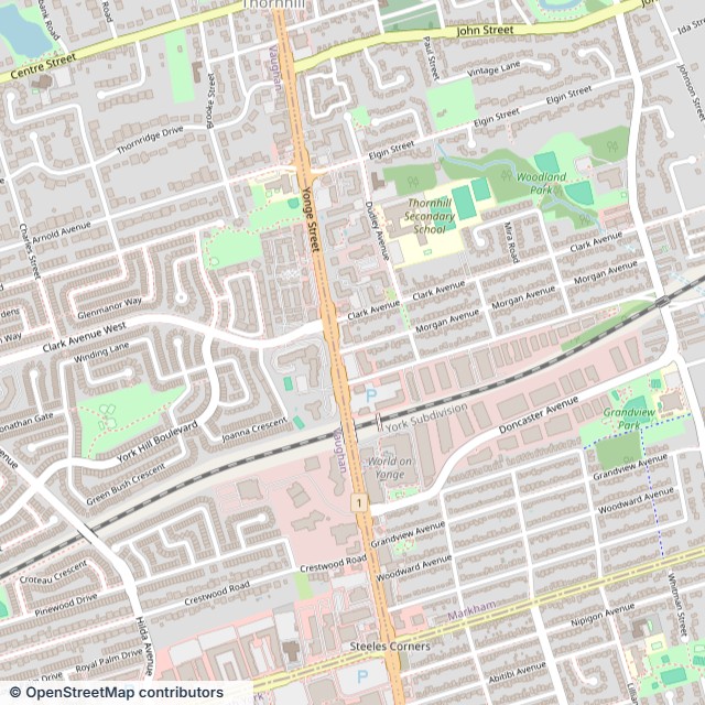 A street map of Thornhill, Ontario, around Yonge Street