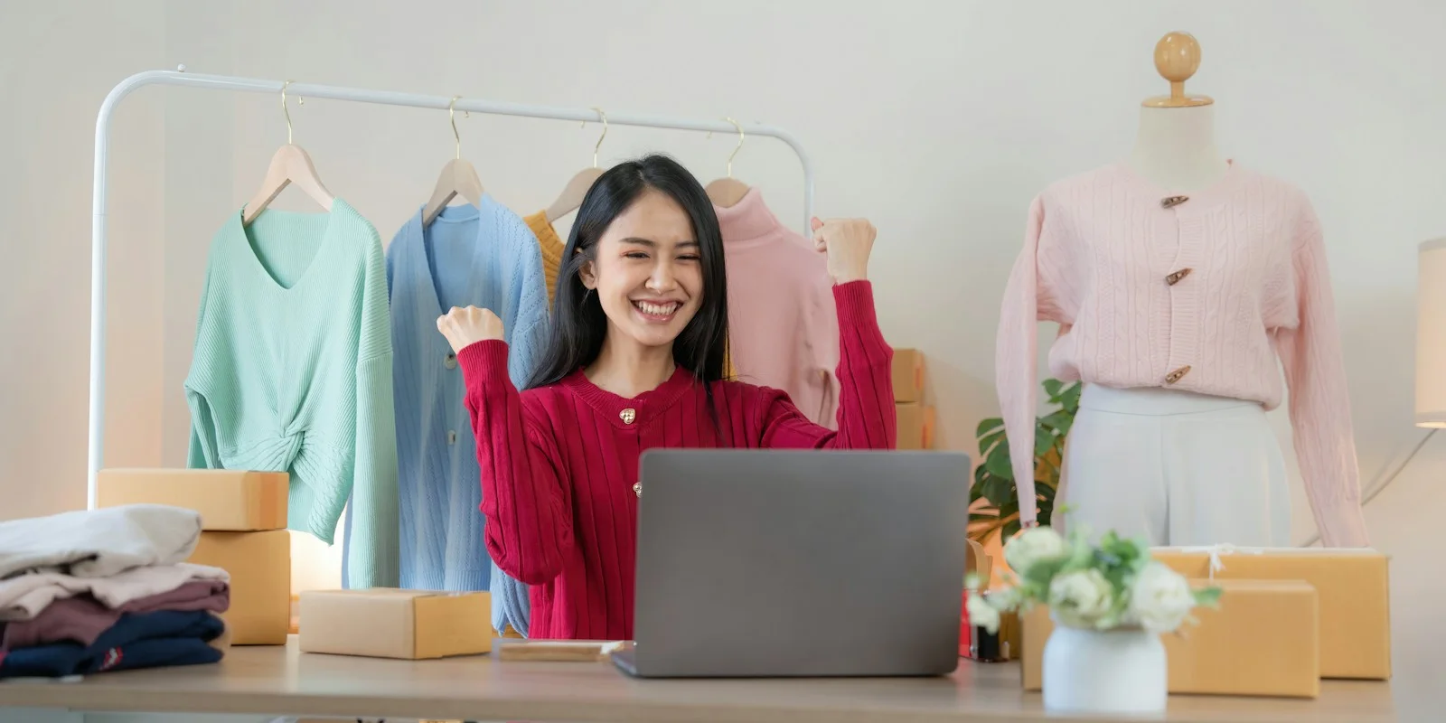 An online clothing seller cheering at her laptop among parcels ready to ship